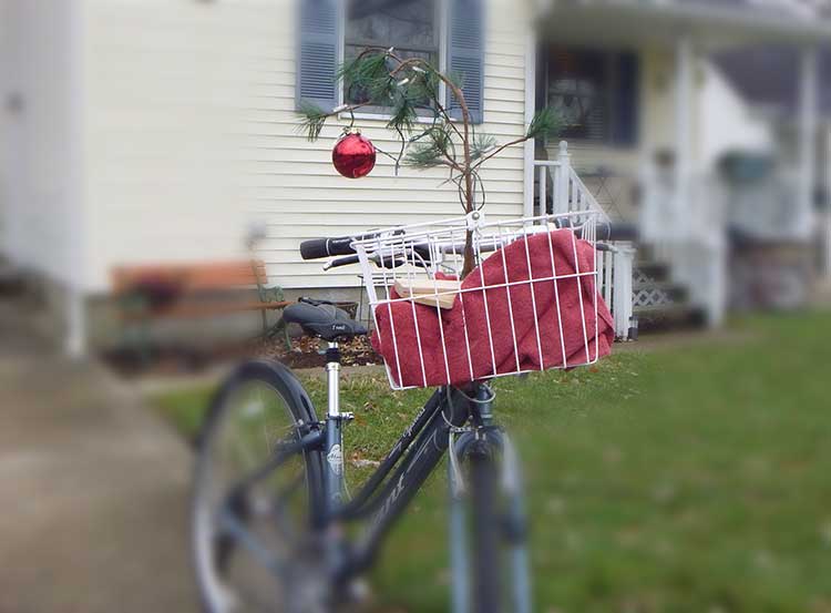 Charlie Brown Christmas tree bikes away